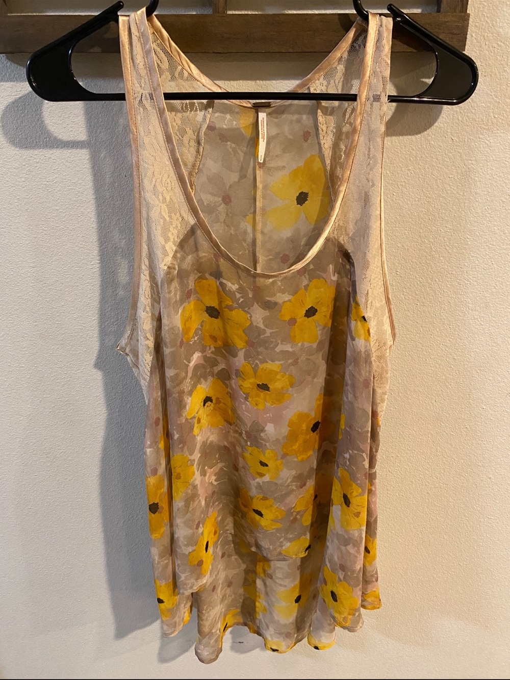 Free People Yellow Floral Sleeveless Tank with Sheer Overlay Size Small